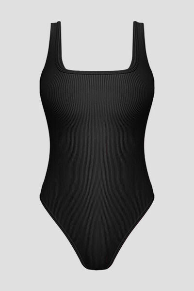 Ribbed Square Neck Sleeveless Active Bodysuit