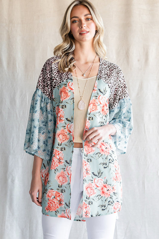 Animal Print Floral Three-Quarter Sleeve Cardigan