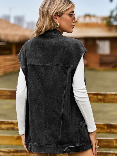 Button Up Collared Neck Sleeveless Denim Jacket