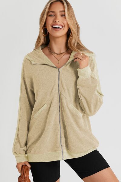 Pocketed Zip Up Dropped Shoulder Hooded Jacket