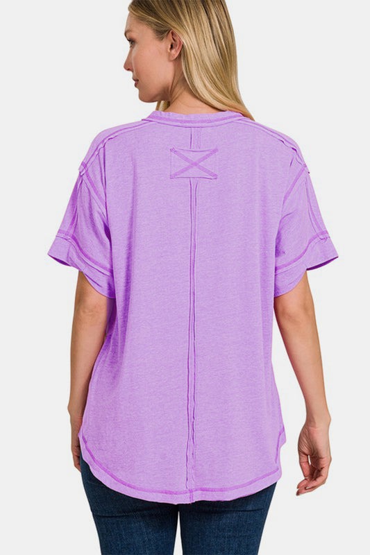 Zenana Exposed Seam Half Button Short Sleeve Top