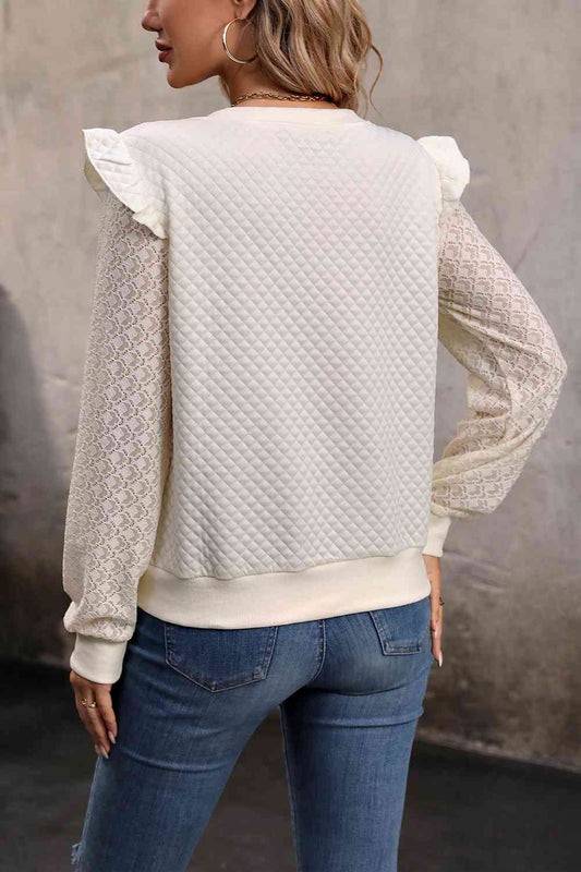 V-Neck Ruffle Trim Long Sleeve Sweatshirt