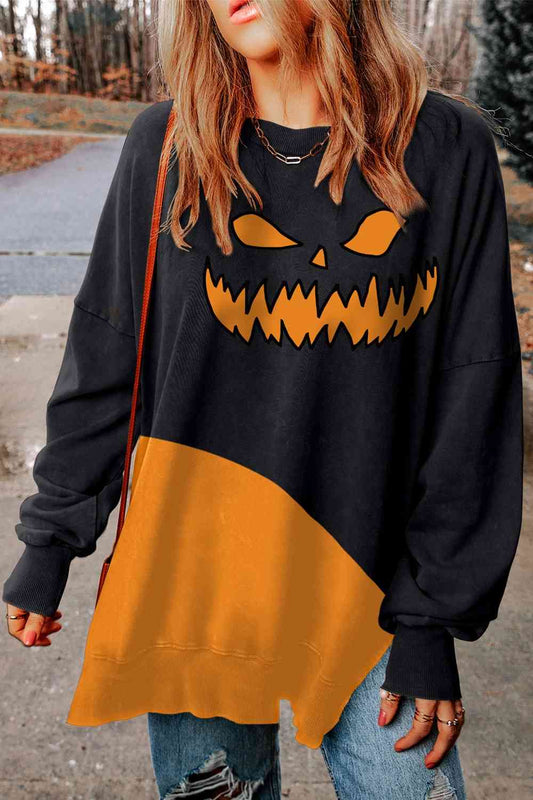 Round Neck Drop Shoulder Slit Graphic Sweatshirt