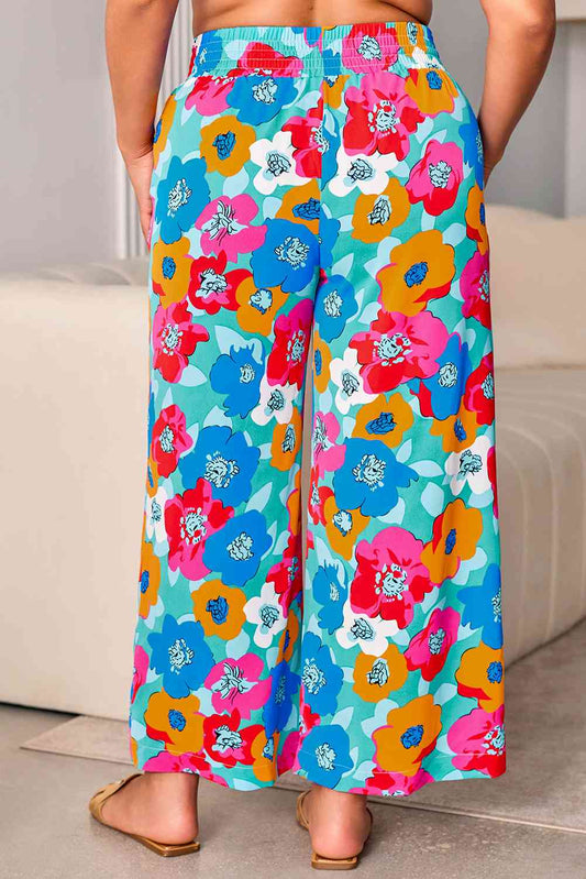 Plus Size Floral Drawstring Wide Leg Pants with Pockets