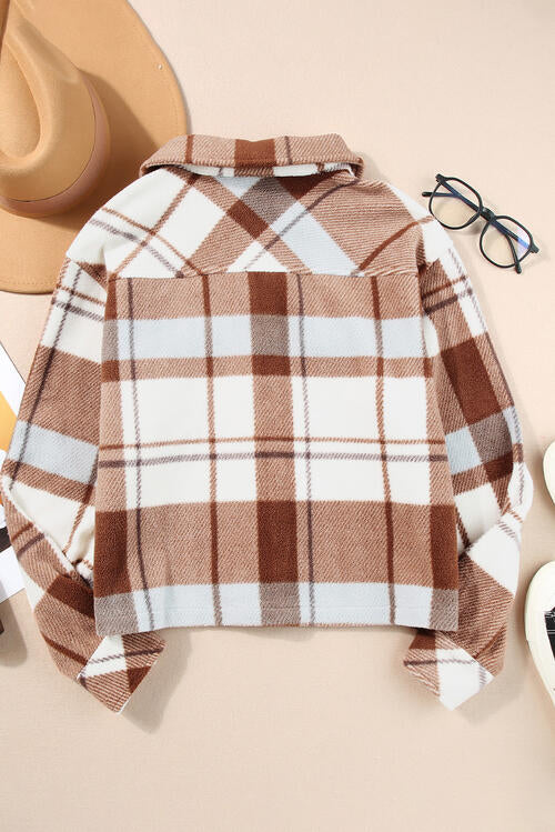 Pocketed Plaid Collared Neck Jacket