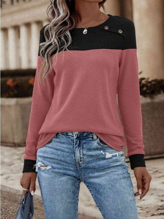 Contrast Buttoned Round Neck Long Sleeve T-Shirt