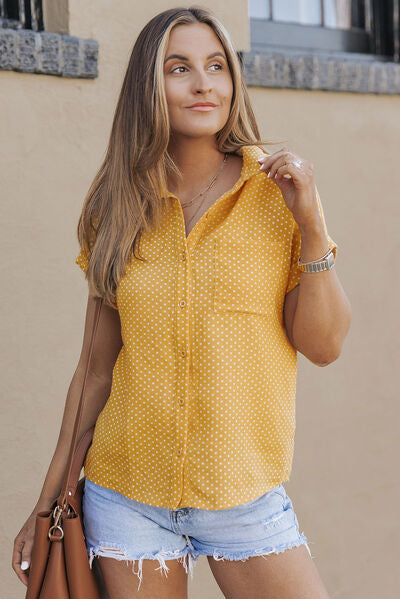 Polka Dot Pocketed Button Up Short Sleeve Shirt