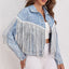Fringe Detail Collared Neck Long Sleeve Denim Jacket