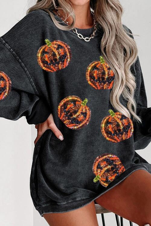 Sequin Patch Pumpkin Round Neck Sweatshirt